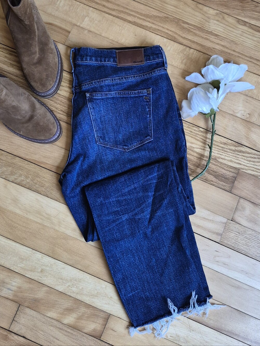 Madewell Dark Wash Raw Hem Straight Leg Jeans